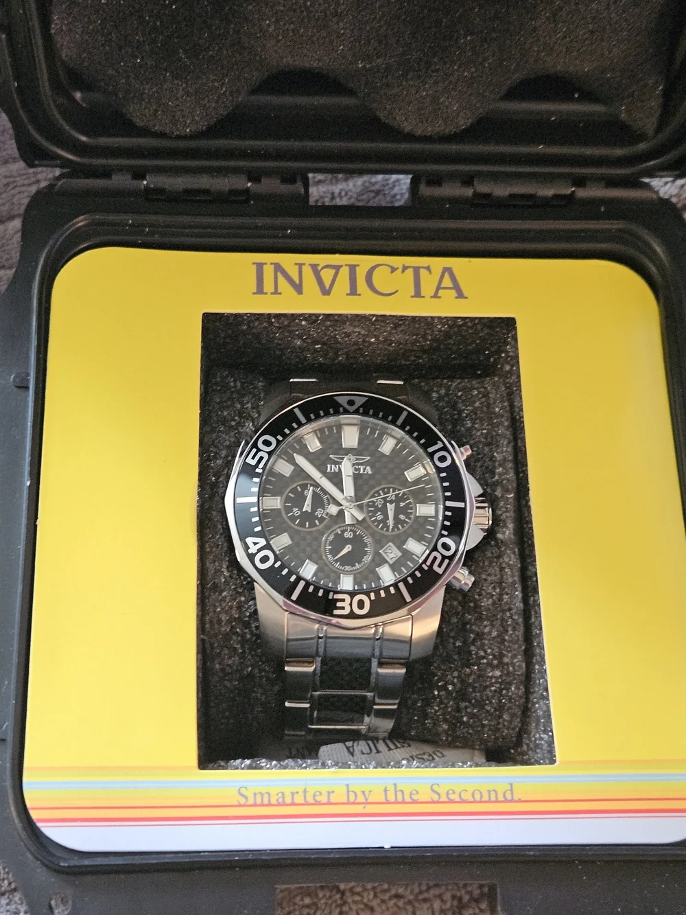 Invicta Silver Stainless Steel Chronograph Watch with Black Dial